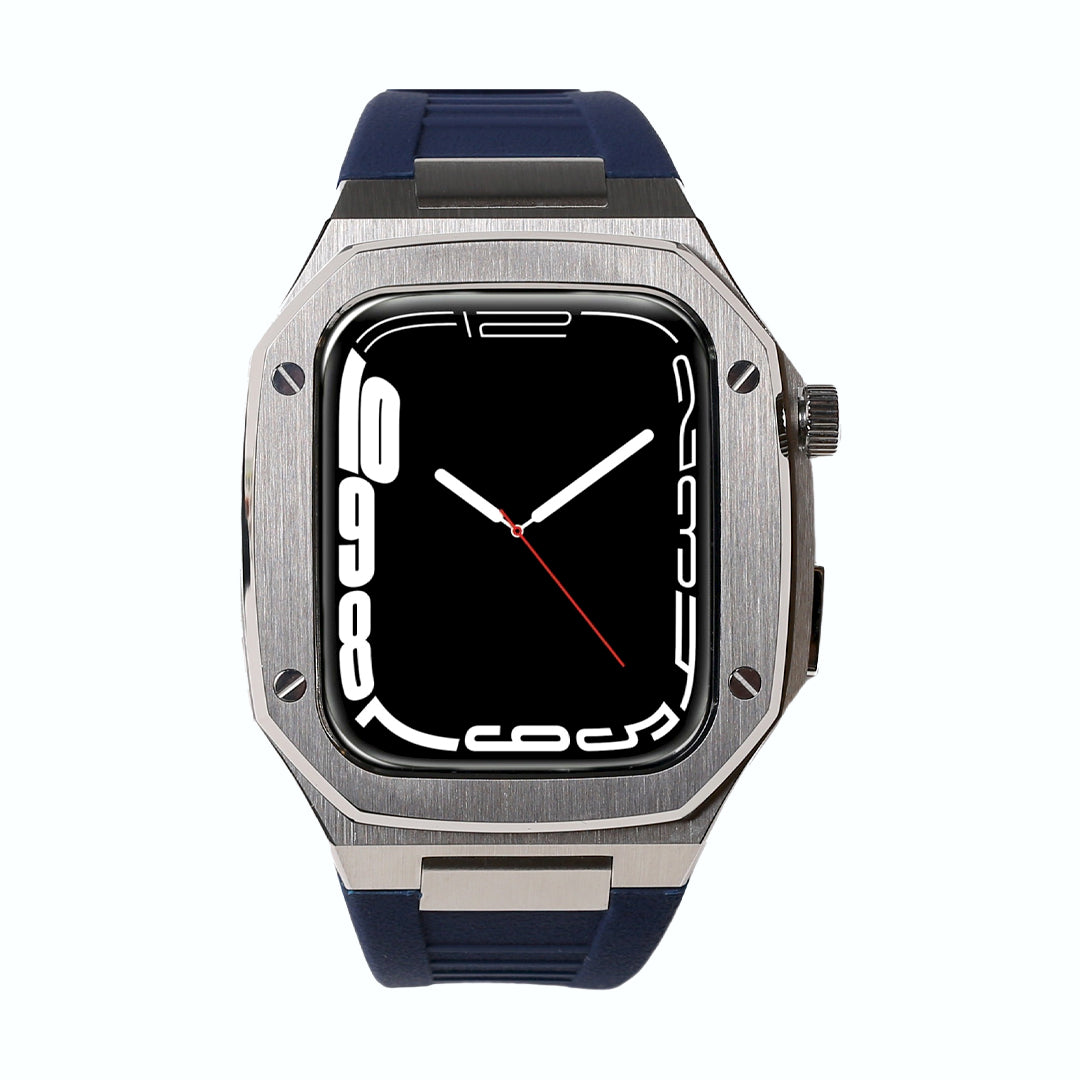 Stainless Steel and Black Bezel Apple Watch Case with Navy Blue