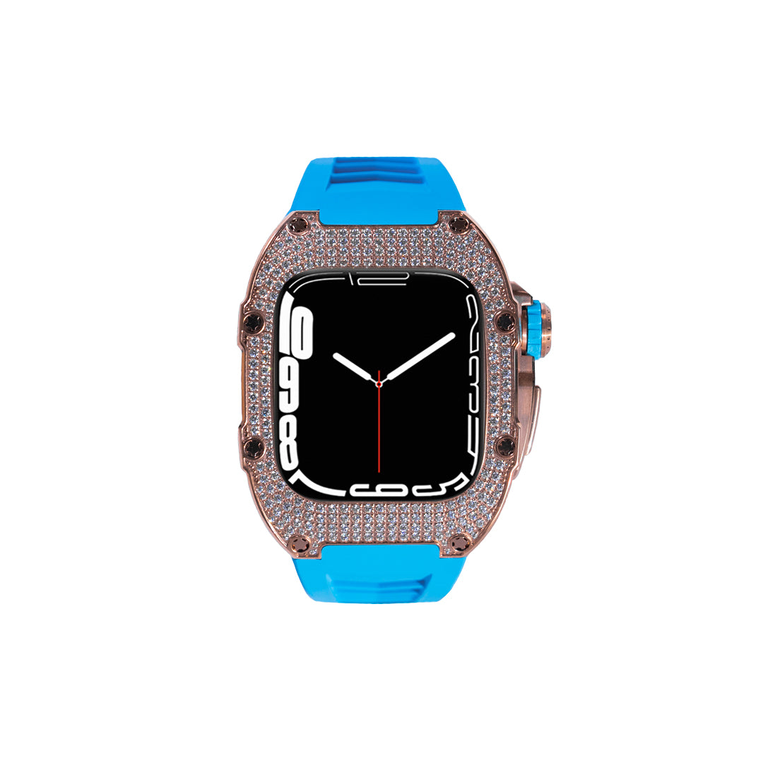 RM Swarovski full rose gold with blue rubber strap