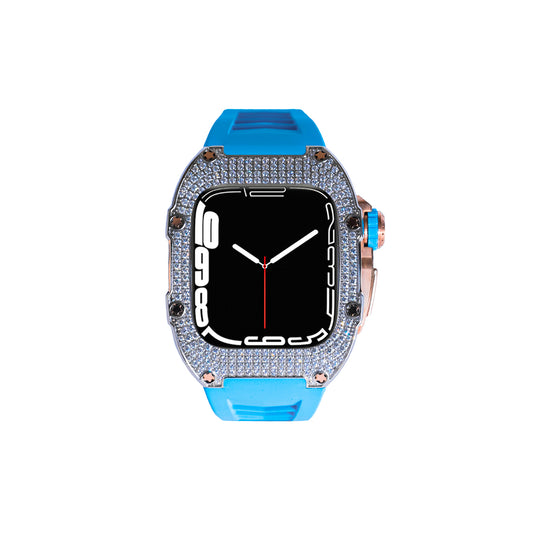 RM Swarovski with two tones rose gold/stainless with blue rubber strap