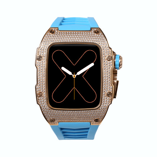 RM Diamond Rose Gold Apple Watch Case with Blue Rubber Strap