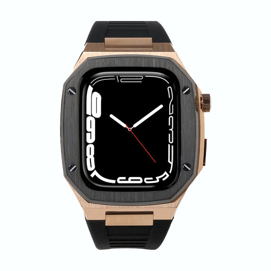 Rose Gold & Black Bezel Apple Watch Case with Black Silicone Strap