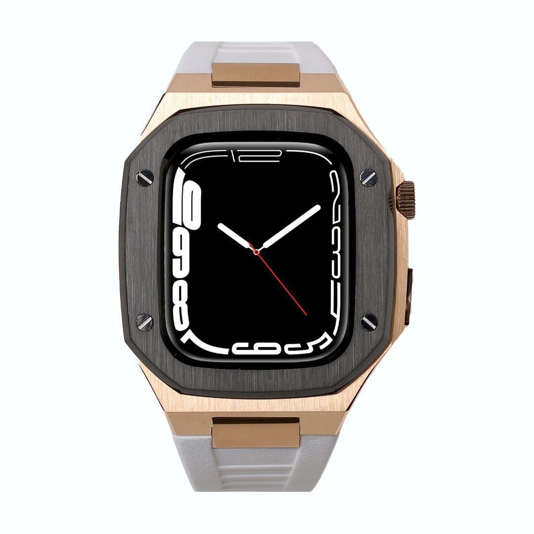 Rose Gold And Black Bezel Apple Watch Case With White Strap