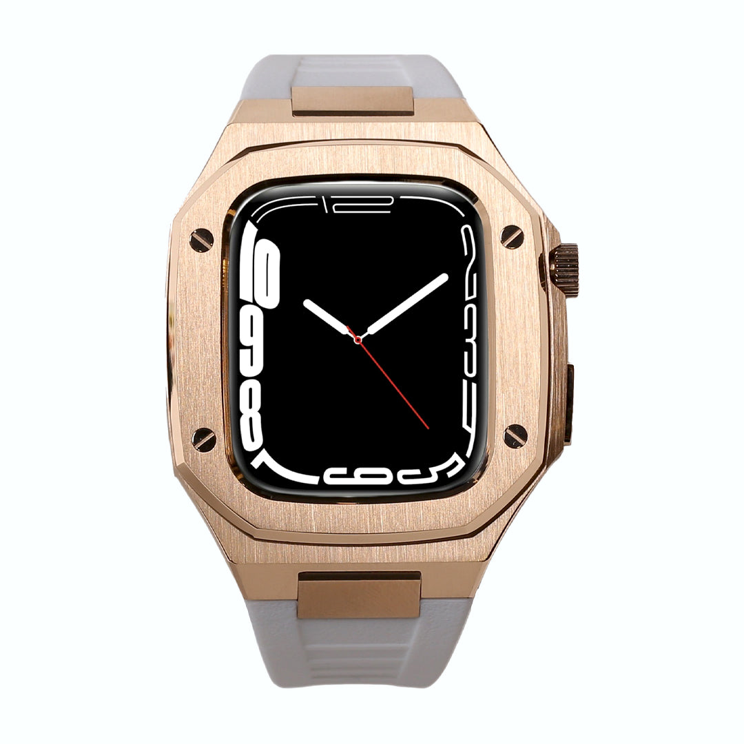 Rose Gold Apple Watch Case with White Rubber Strap