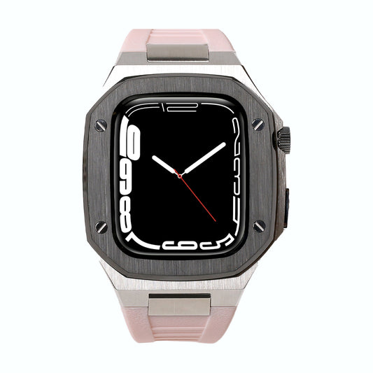 Stainless Steel and Black Bezel Apple Watch Case with Pink Strap