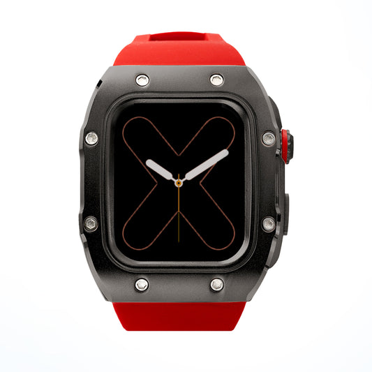 RM Black & Stainless Steel Apple Watch Case with Red Rubber Strap